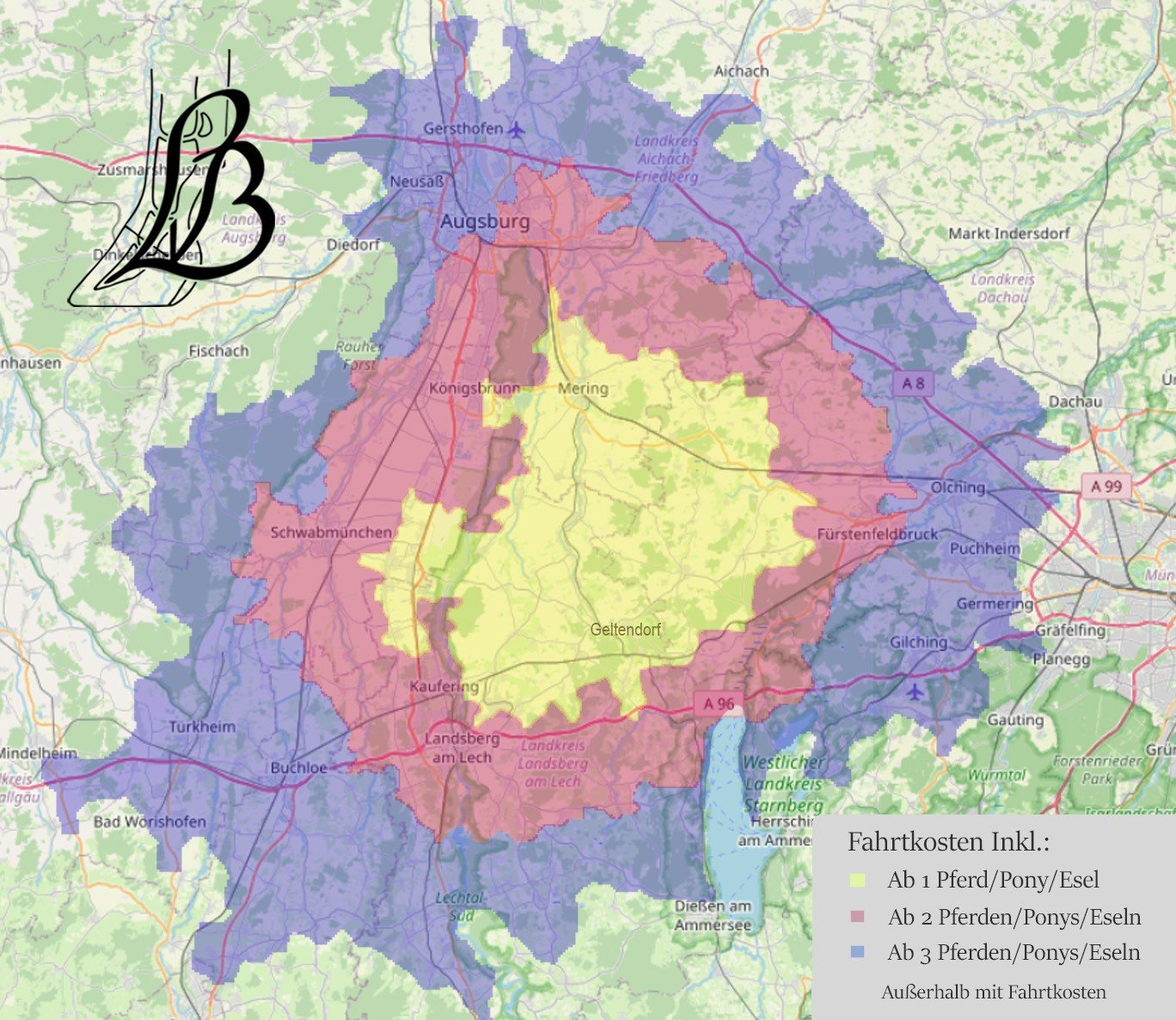 Einsatzradius-Karte mit Fahrtkostenzonen